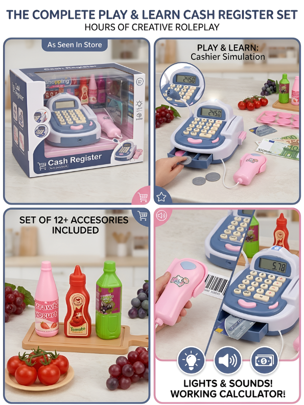 Cash Register Toy Set with Lights and Sounds, Pretend Play Supermarket Checkout Toy with Accessories and Credit Card, Educational STEM Role-Playing Learning Toy for Toddlers TV224