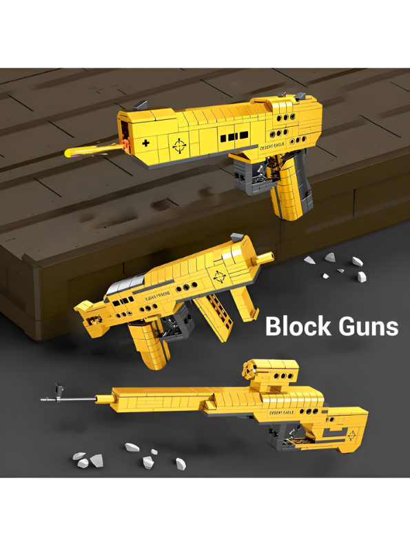 3-in-1 Golden Military Building Block Set - Desert Eagle Pistol, Submachine Gun, and Sniper Rifle Toy Weapons - DIY Construction Bricks for Kids and Adults TV5025
