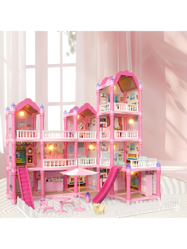 Luxury 3-Story DIY Princess Dollhouse Villa with Lights, Slide and Furniture – Large Dream House Playset with Accessories, Dolls and Pets – Creative Building Toy Gift for Girls Ages 3+ MD2882