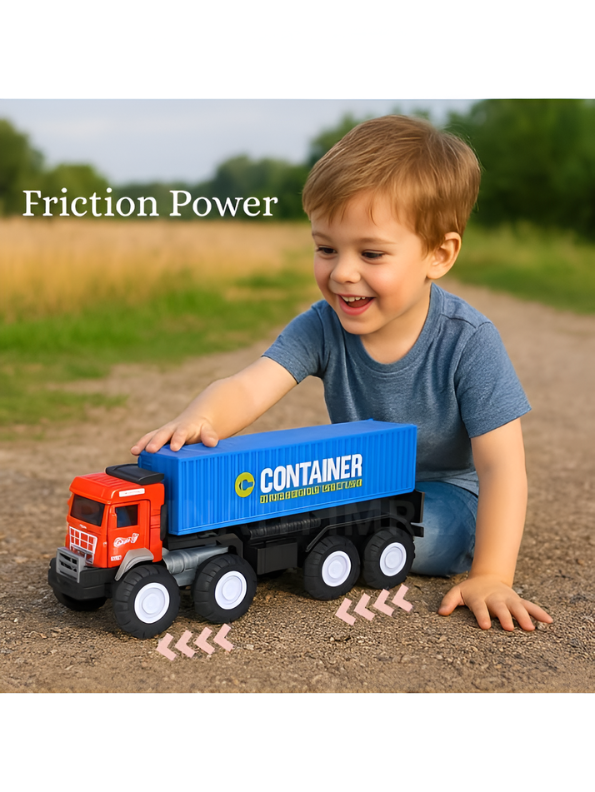 Heavy-Duty Friction Powered Container Truck Toy with Alloy Core Build, 8-Wheel Monster Tires & Durable Transport Design for Kids (Red & Blue) TV4472