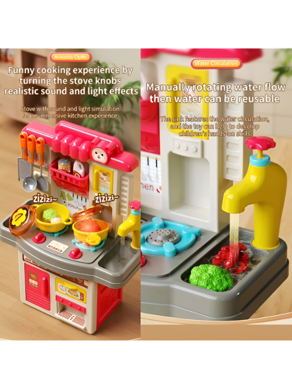 44-Piece Kids Kitchen Playset with Realistic Sound & Light, Water Circulation Sink, and Food-Serving Robot – Pretend Play Toy for Toddlers Ages 3+ TV5783