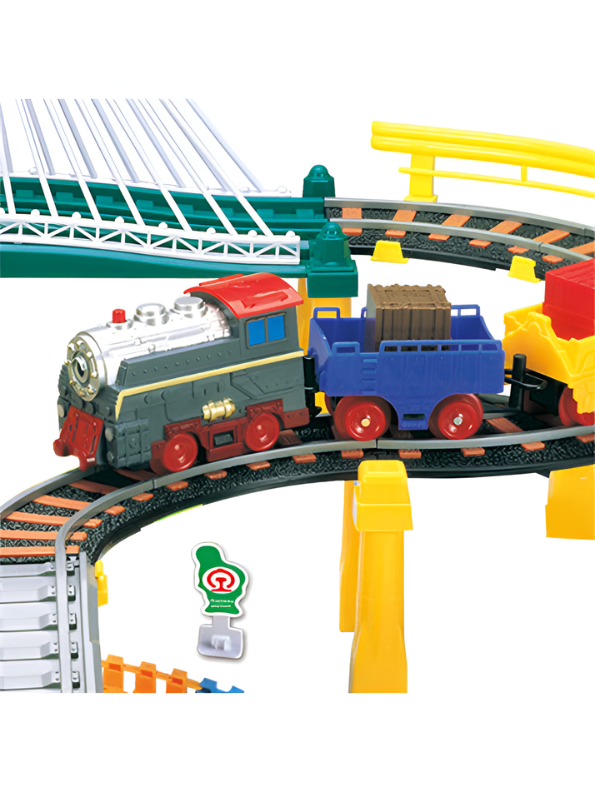 Electric Train and Race Car Track Set with Dual Bridges, 212-Piece Flexible Tracks, Light-Up Musical Locomotive – Educational DIY Construction Toy for Kids TV1424