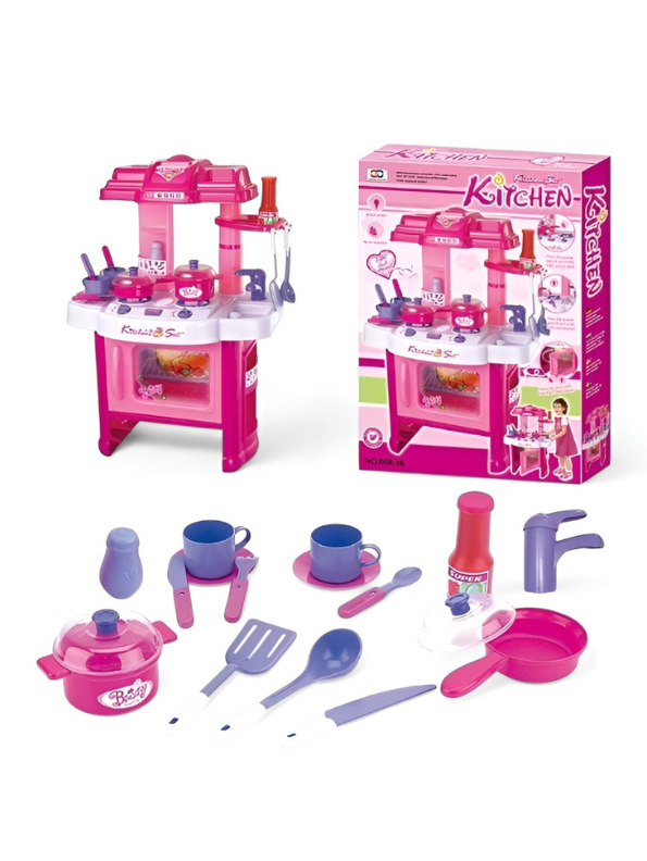 Kids’ Interactive Pretend Play Kitchen Set with Lights and Sounds – Pink Role-Play Cooking Station with Accessories TV4762