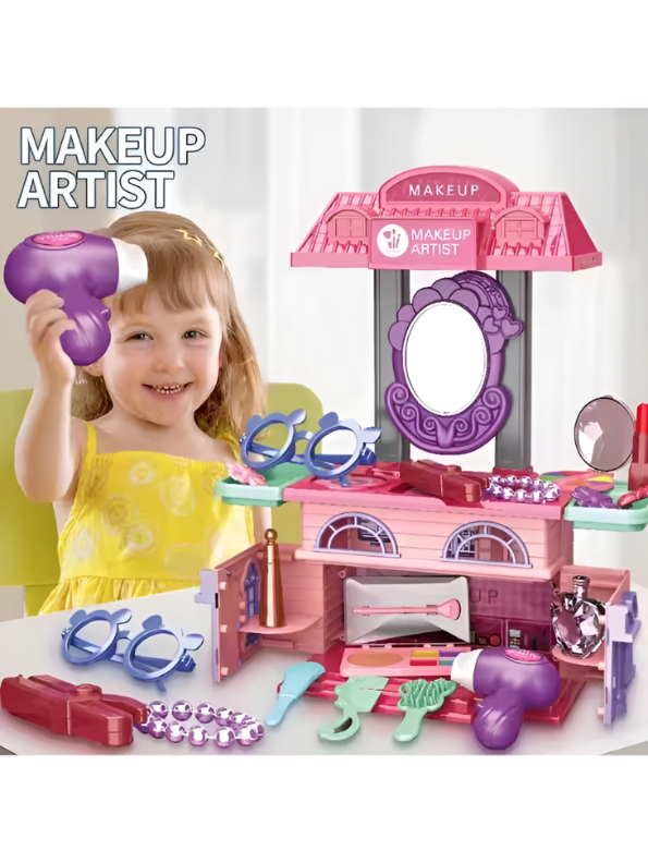 2-in-1 DIY Makeup Vanity & Dollhouse Playset for Kids – 31-Piece Pretend Beauty Station TV6025
