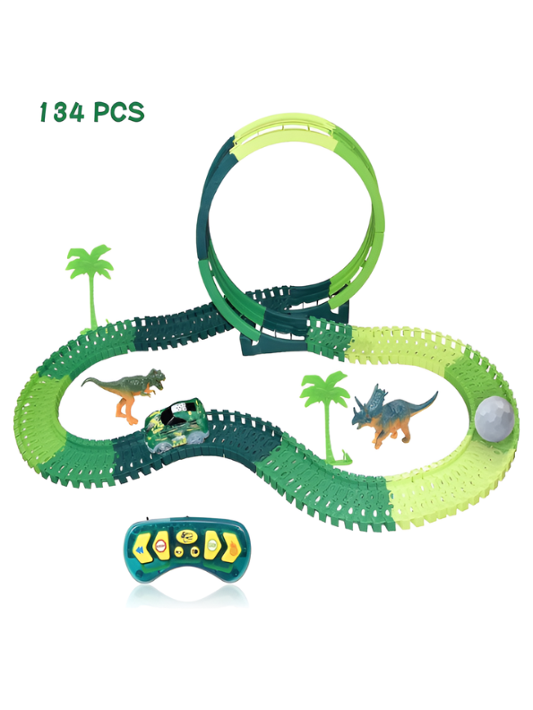 134-Piece Remote Control Dinosaur Track Set with 360° Stunt Loop & LED Racing Car – Educational Buildable Dino Track Toy for Kids MD380