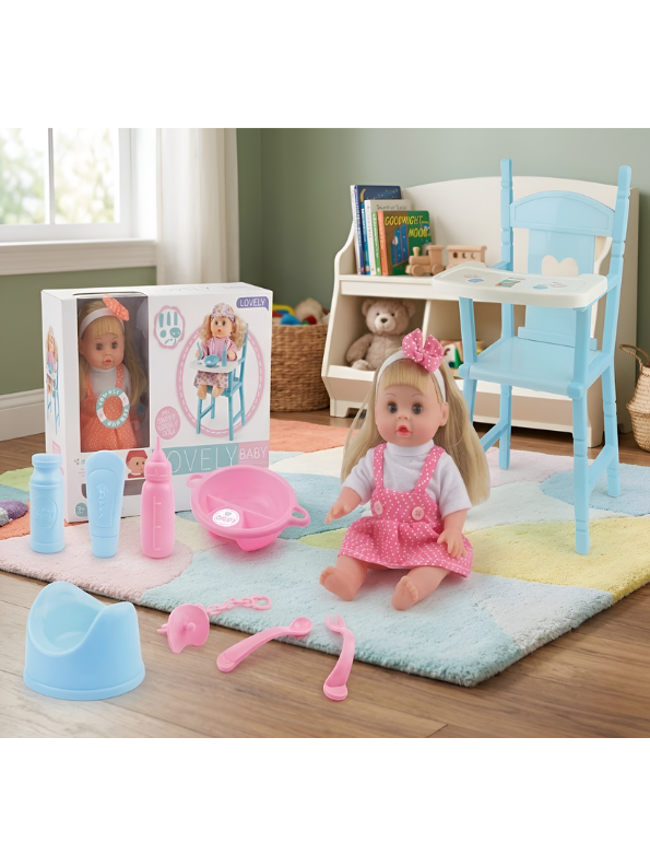 Interactive Baby Doll Playset with High Chair and Accessories – Educational Nurturing Toy Kit for Toddlers and Kids TV3642