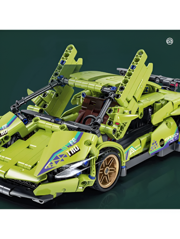 Mechanical Supercar Building Block Set -  Lime Green Sports Car with Pull-Back Action, Opening Scissor Doors & Realistic Mechanics - STEM Toy Kit for Kids & Adults TV6045