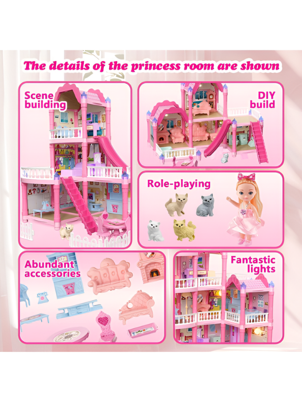 Luxury 3-Story DIY Princess Dollhouse Villa with Lights, Slide and Furniture – Large Dream House Playset with Accessories, Dolls and Pets – Creative Building Toy Gift for Girls Ages 3+ MD2882