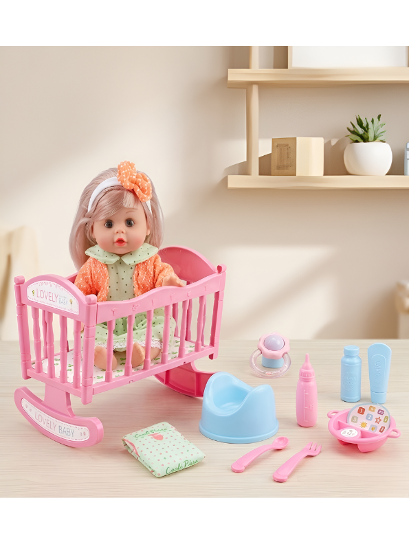 Lovely Baby Doll Playset with Rocking Cradle – Interactive Nursery Toy Set with Accessories for Kids, Educational Pretend Play Gift for Girls and Boys TV3641