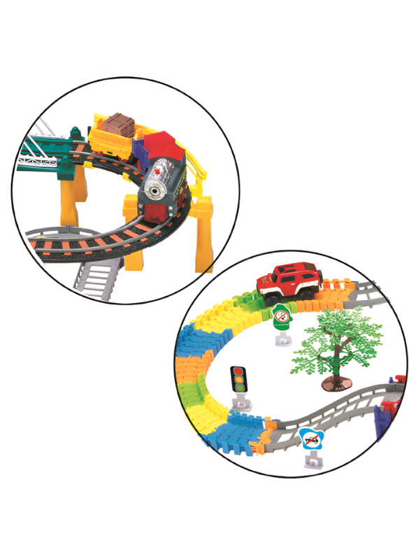 Electric Train and Race Car Track Set with Dual Bridges, 212-Piece Flexible Tracks, Light-Up Musical Locomotive – Educational DIY Construction Toy for Kids TV1424