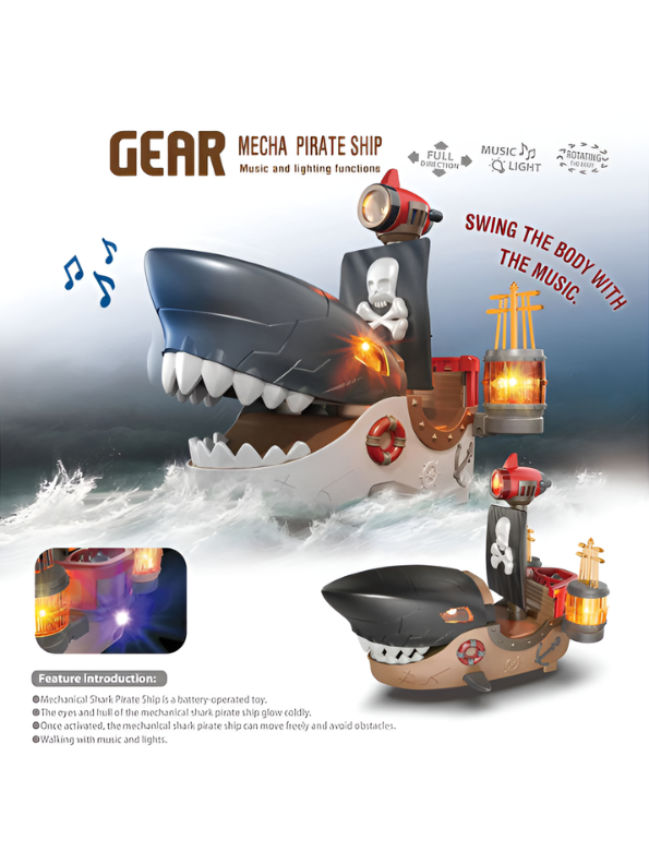 Battery-Operated Mecha Shark Pirate Ship Toy for Kids with LED Lights, Music & Obstacle Avoidance – Interactive Moving Boat Nautical Adventure Play Set TV4854