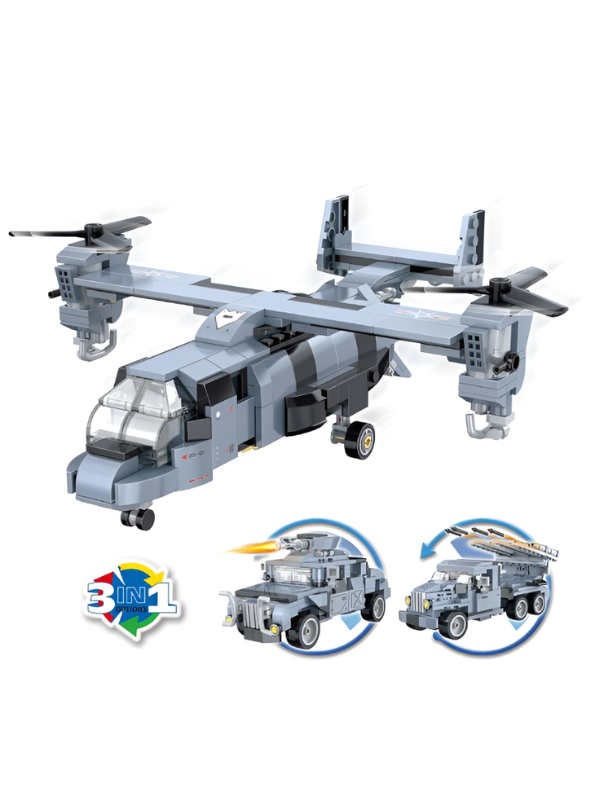 Military 3-in-1 Building Block Set | Osprey Tiltrotor Aircraft, Armored Vehicle, & Missile Truck | STEM Construction Toy for Kids 6+ (324 Pieces) TV6209