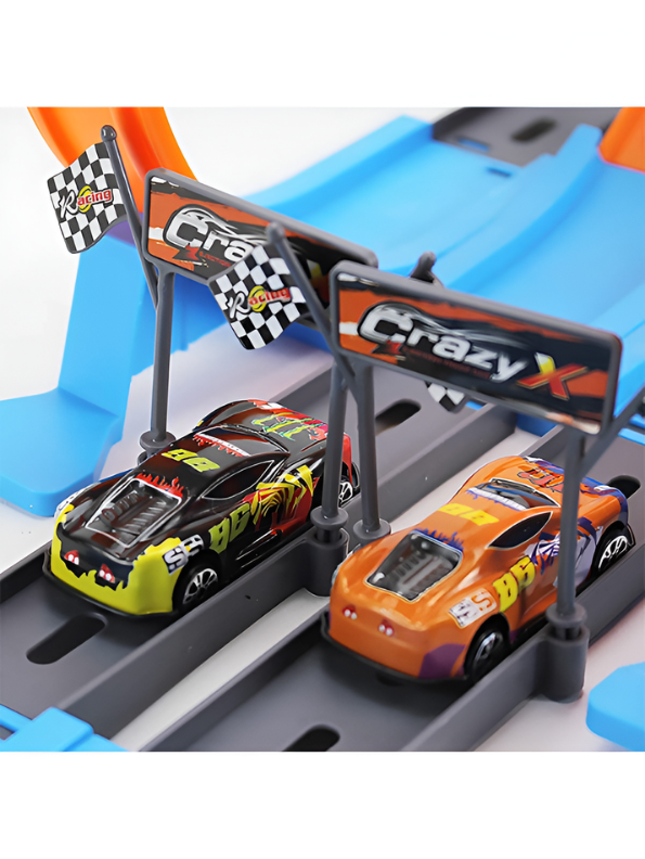3-in-1 Dual-Lane Slot Car Race Track Set with Ejection Launch System, 360° Stunt Loops & 8 High-Speed Racing Cars – DIY Catapult Action Track Toy for Kids and Boys TV5029