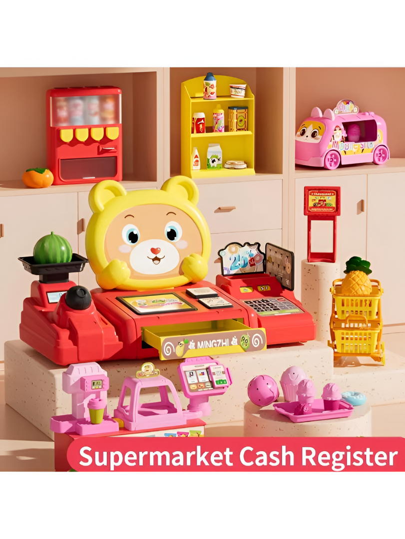 49-Piece Kids Supermarket Cash Register Toy Set with Lights & Sound – Interactive Pretend Play Grocery Store with Shopping Cart, Scanner, and Realistic Play Food TV5784