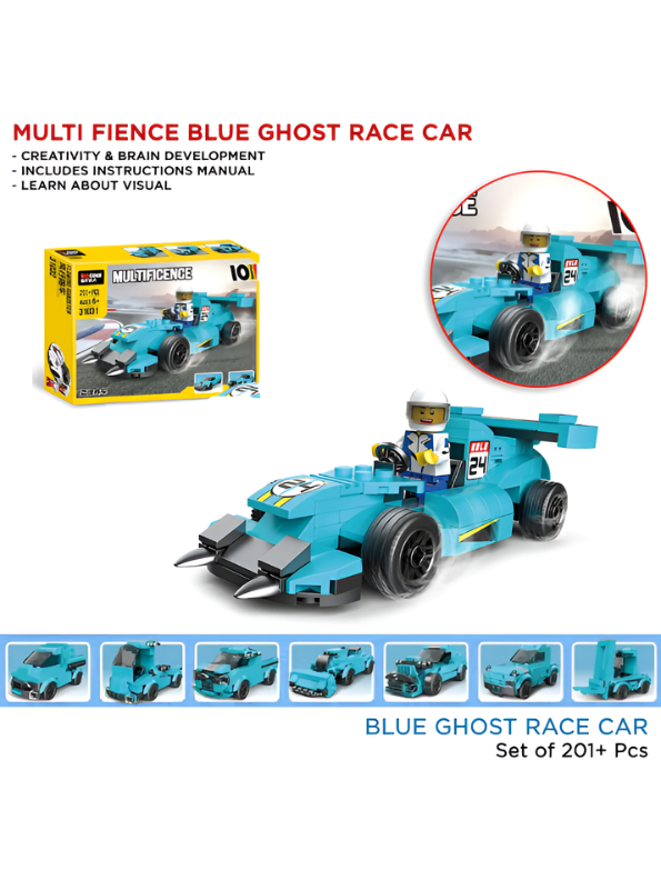 Multificence 10-in-1 Blue Ghost Race Car Building Set – 201+ Pieces STEM Construction Toy, Transformable Model Kit for Kids, Creative DIY Engineering Blocks for Ages 6+ TV6672