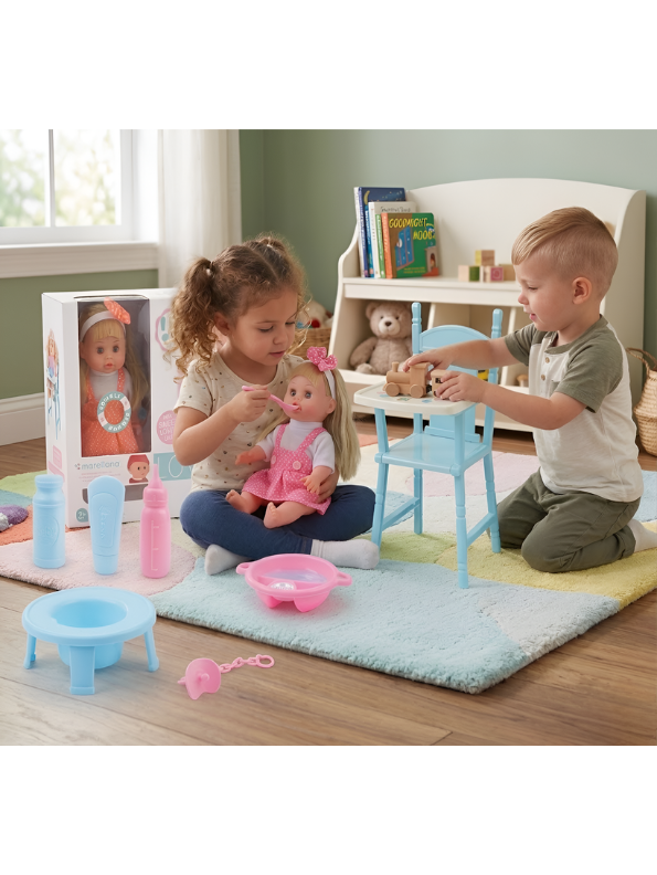 Interactive Baby Doll Playset with High Chair and Accessories – Educational Nurturing Toy Kit for Toddlers and Kids TV3642