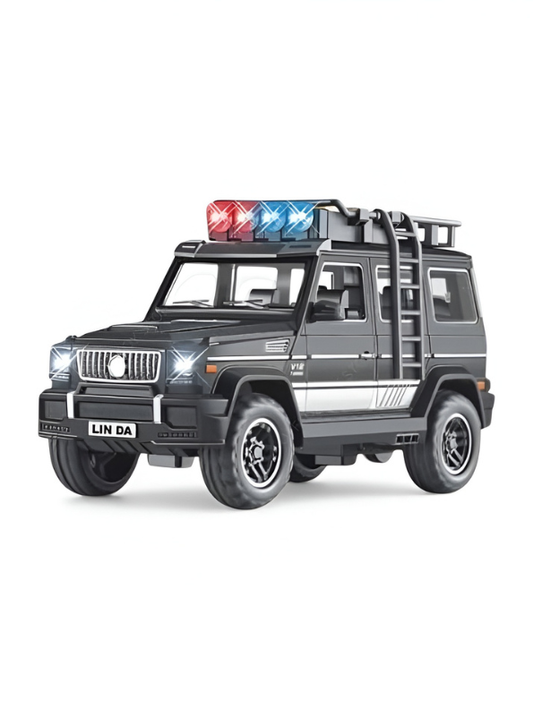 G-Wagon Toy SUV with Police Lights & Sound – Premium Black Off-Road Metal Alloy Pull-Back Car with Opening Doors – Realistic Model Vehicle for Kids, Boys & Collectors MD2457