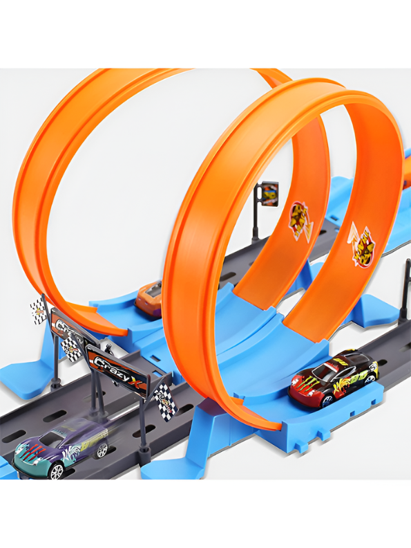 3-in-1 Dual-Lane Slot Car Race Track Set with Ejection Launch System, 360° Stunt Loops & 8 High-Speed Racing Cars – DIY Catapult Action Track Toy for Kids and Boys TV5029