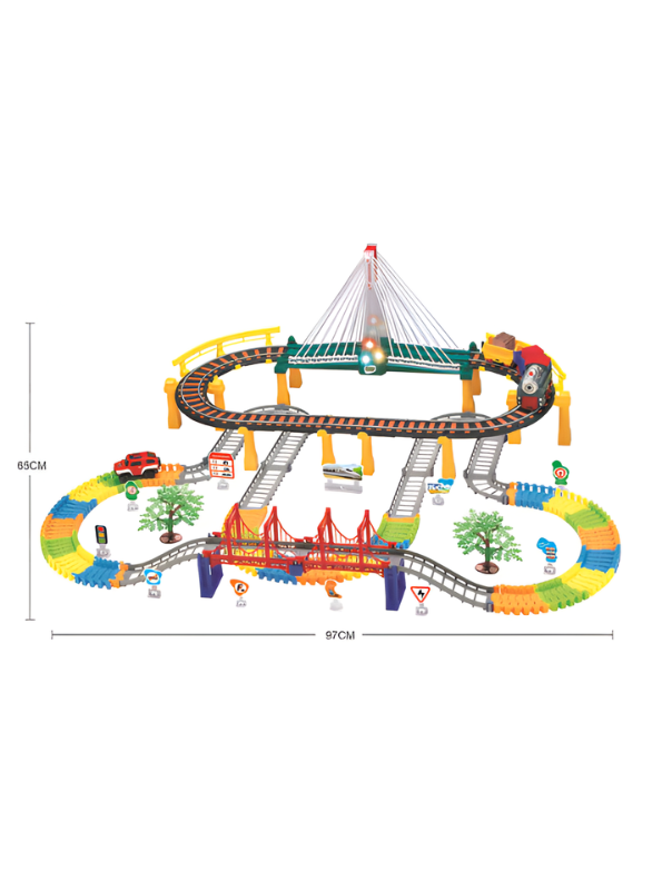 Electric Train and Race Car Track Set with Dual Bridges, 212-Piece Flexible Tracks, Light-Up Musical Locomotive – Educational DIY Construction Toy for Kids TV1424