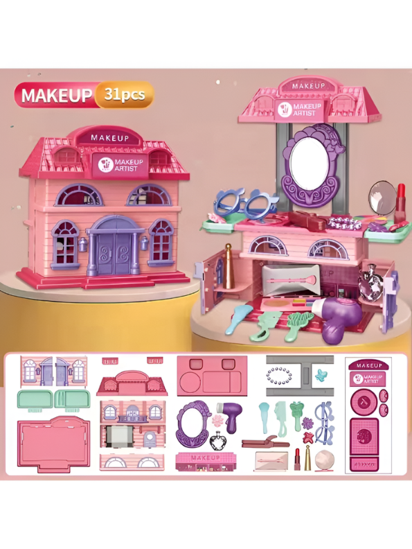 2-in-1 DIY Makeup Vanity & Dollhouse Playset for Kids – 31-Piece Pretend Beauty Station TV6025