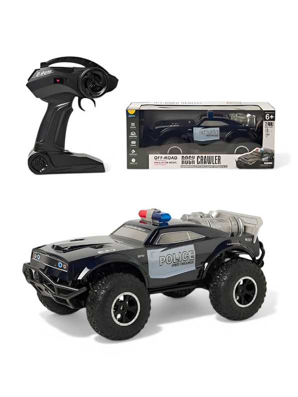 High-Speed 2.4GHz 4WD RC Police Rock Crawler – Off-Road Monster Truck with LED Lights & All-Terrain Tires for Kids 6+ MD2086