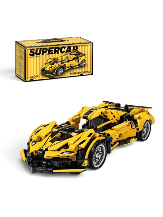 Mechanical Supercar Building Blocks Set – Yellow Pull-Back Sports Car Model with Opening Doors & Rotating Steering Wheel – STEM Construction Toy Gift for Kids & Adults TV6046