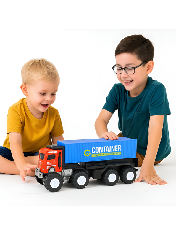 Heavy-Duty Friction Powered Container Truck Toy with Alloy Core Build, 8-Wheel Monster Tires & Durable Transport Design for Kids (Red & Blue) TV4472