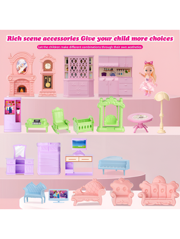 Luxury 3-Story DIY Princess Dollhouse Villa with Lights, Slide and Furniture – Large Dream House Playset with Accessories, Dolls and Pets – Creative Building Toy Gift for Girls Ages 3+ MD2882