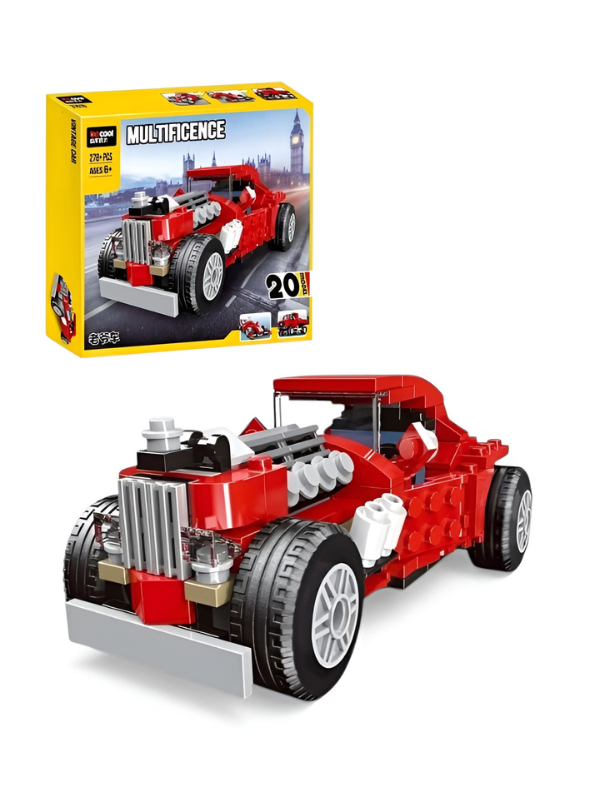 Multificence 20-in-1 Vintage Car Building Block Set (278 Pieces) – Red Retro Hot Rod DIY Construction Kit for Kids Ages 6+ | Creative STEM Educational Toy MD2139