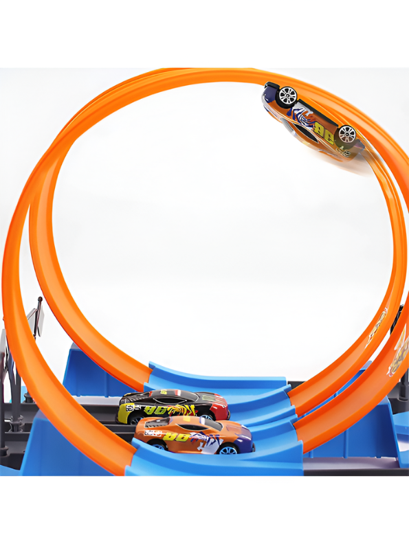 3-in-1 Dual-Lane Slot Car Race Track Set with Ejection Launch System, 360° Stunt Loops & 8 High-Speed Racing Cars – DIY Catapult Action Track Toy for Kids and Boys TV5029