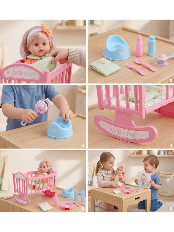 Lovely Baby Doll Playset with Rocking Cradle – Interactive Nursery Toy Set with Accessories for Kids, Educational Pretend Play Gift for Girls and Boys TV3641