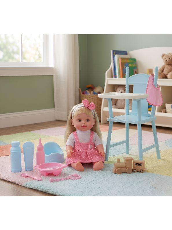 Interactive Baby Doll Playset with High Chair and Accessories – Educational Nurturing Toy Kit for Toddlers and Kids TV3642