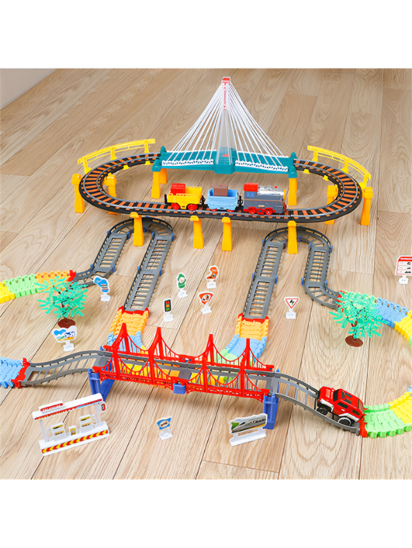 Electric Train and Race Car Track Set with Dual Bridges, 212-Piece Flexible Tracks, Light-Up Musical Locomotive – Educational DIY Construction Toy for Kids TV1424