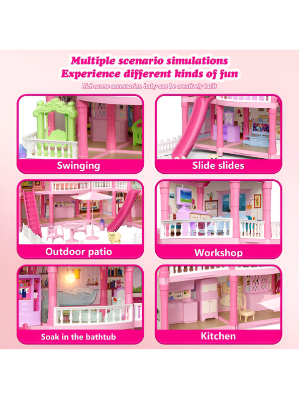 Luxury 3-Story DIY Princess Dollhouse Villa with Lights, Slide and Furniture – Large Dream House Playset with Accessories, Dolls and Pets – Creative Building Toy Gift for Girls Ages 3+ MD2882