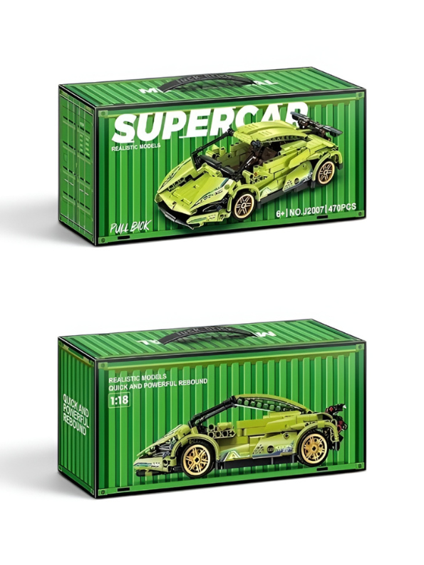 Mechanical Supercar Building Block Set -  Lime Green Sports Car with Pull-Back Action, Opening Scissor Doors & Realistic Mechanics - STEM Toy Kit for Kids & Adults TV6045