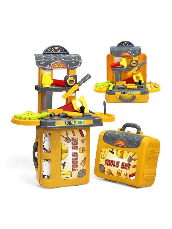 3-in-1 Kids Tool Set Play Workshop | Portable Tool Box & Vertical Workbench for Toddlers | Educational STEM Construction Toy with Hammer, Saw, and Accessories for Boys & Girls TV5963