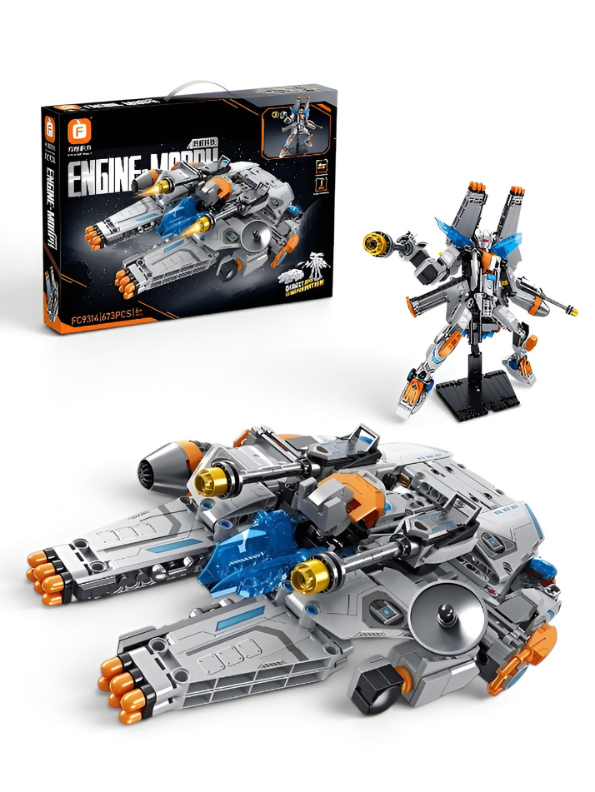2-in-1 Transformable Building Block Robot Set - Space Fighter & Warrior Mech Action Figure TV6703