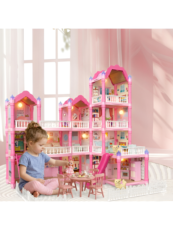 Luxury 3-Story DIY Princess Dollhouse Villa with Lights, Slide and Furniture – Large Dream House Playset with Accessories, Dolls and Pets – Creative Building Toy Gift for Girls Ages 3+ MD2882