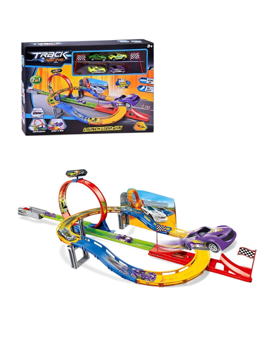 360° Loop Racing Track Set with 4 Inertia-Powered Die-Cast Cars – High-Speed Stunt Jump & Spin Action Toy for Kids TV1827