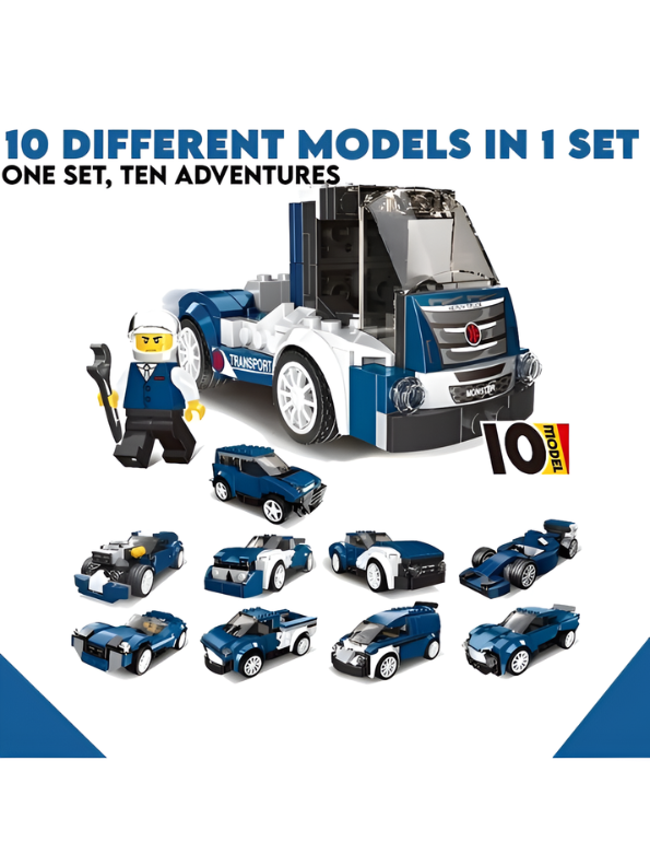 10-in-1 Super Racing Building Bricks Set - 216+ Pcs STEM Construction Toy - Transformable Truck, Race Cars, and Hot Rod Models with Minifigure for Kids TV5049