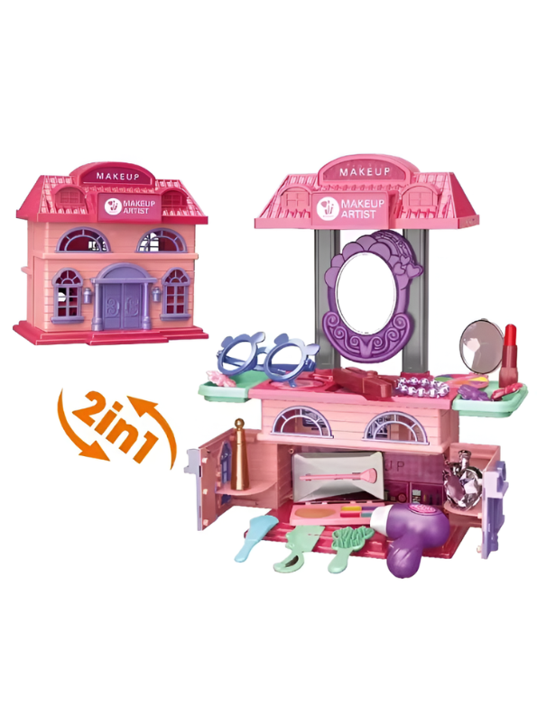 2-in-1 DIY Makeup Vanity & Dollhouse Playset for Kids – 31-Piece Pretend Beauty Station TV6025