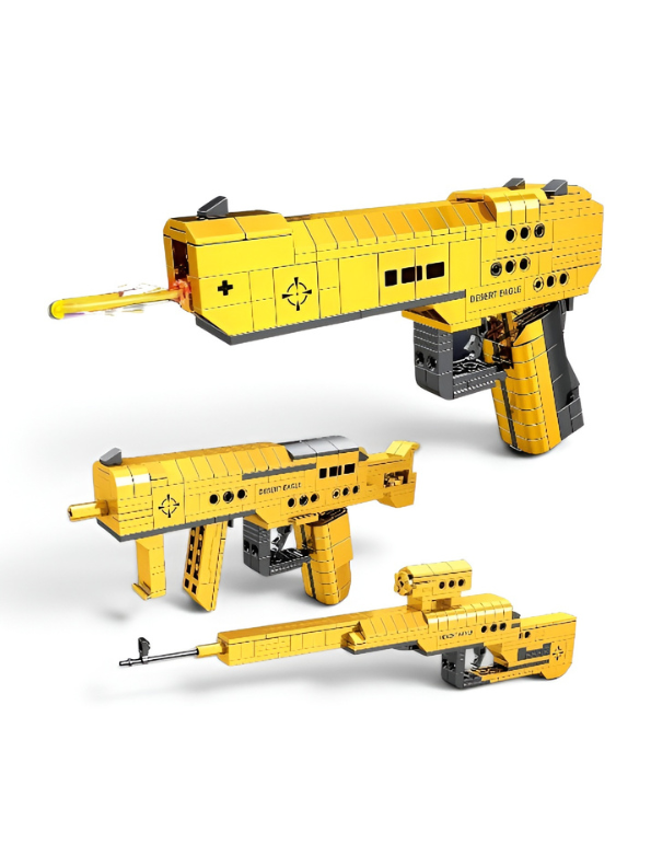 3-in-1 Golden Military Building Block Set - Desert Eagle Pistol, Submachine Gun, and Sniper Rifle Toy Weapons - DIY Construction Bricks for Kids and Adults TV5025