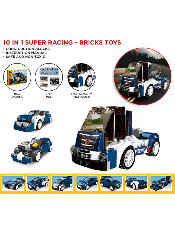 10-in-1 Super Racing Building Bricks Set - 216+ Pcs STEM Construction Toy - Transformable Truck, Race Cars, and Hot Rod Models with Minifigure for Kids TV5049