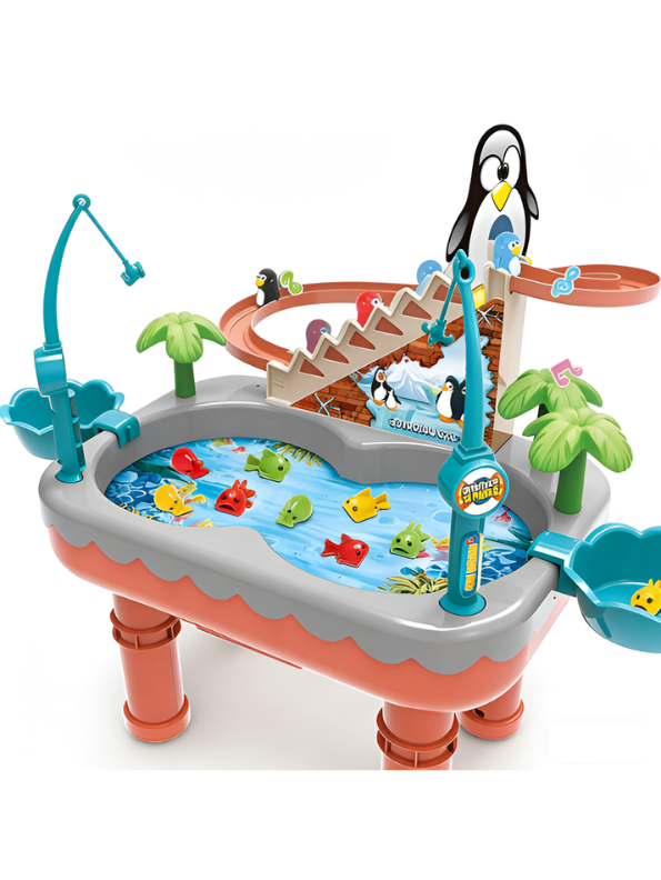 2-in-1 Interactive Penguin Paradise Water Table & Electric Fishing Game for Kids – Montessori Educational Toy with Music, Magnetic Fishing Rods & Automatic Penguin Slide for Toddlers TV1754