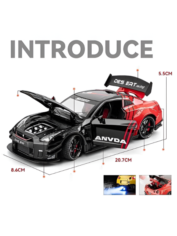 Nissan GTR Alloy Model Diecast Car –  Black 1:24 Scale Interactive Toy with Light, Sound, and Water Spray Effects Collectible Racing Car TV5267