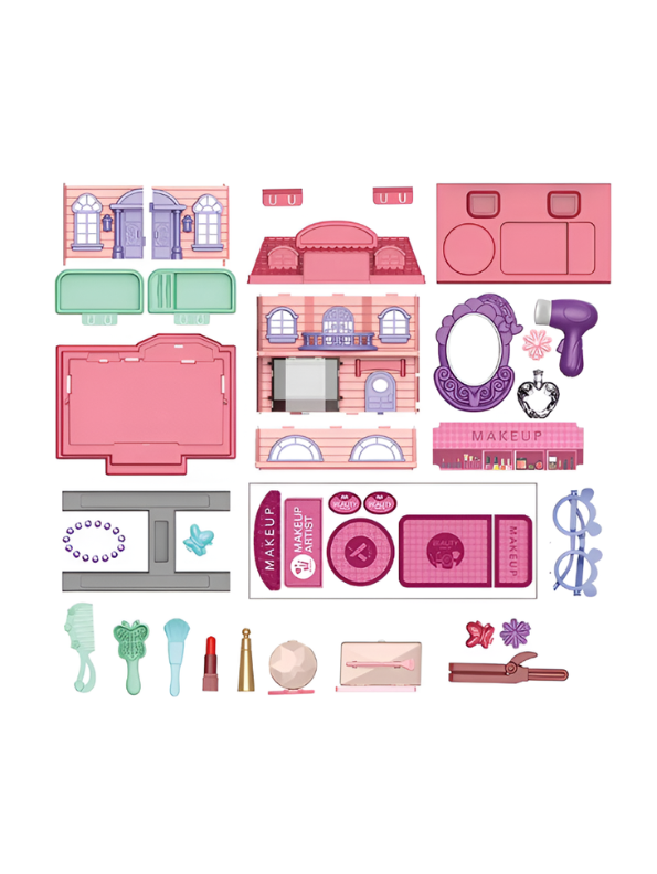 2-in-1 DIY Makeup Vanity & Dollhouse Playset for Kids – 31-Piece Pretend Beauty Station TV6025