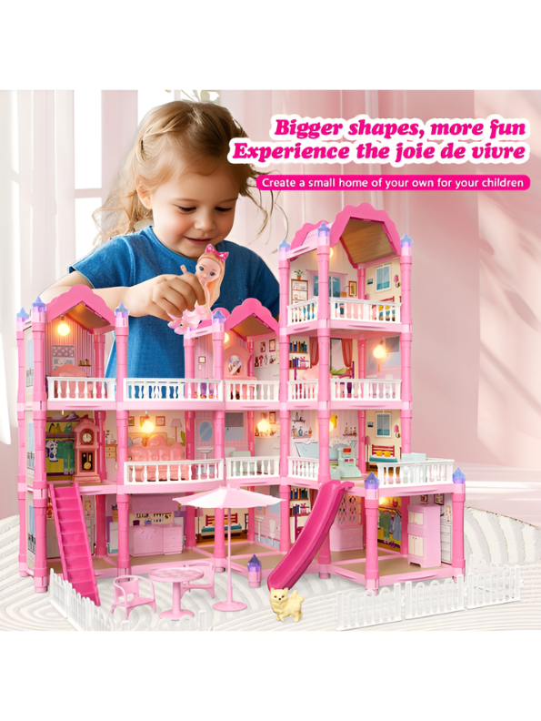Luxury 3-Story DIY Princess Dollhouse Villa with Lights, Slide and Furniture – Large Dream House Playset with Accessories, Dolls and Pets – Creative Building Toy Gift for Girls Ages 3+ MD2882