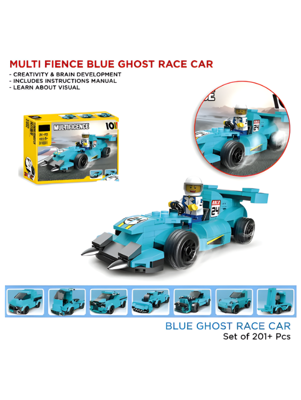 Multificence 10-in-1 Blue Ghost Race Car Building Set – 201+ Pieces STEM Construction Toy, Transformable Model Kit for Kids, Creative DIY Engineering Blocks for Ages 6+ TV6672
