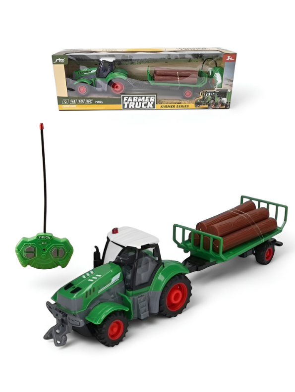 Remote Control Green Farm Tractor with Logging Trailer and Timber Logs – RC Construction Toy Vehicle for Kids TV5059