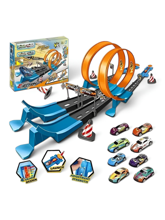 3-in-1 Dual-Lane Slot Car Race Track Set with Ejection Launch System, 360° Stunt Loops & 8 High-Speed Racing Cars – DIY Catapult Action Track Toy for Kids and Boys TV5029